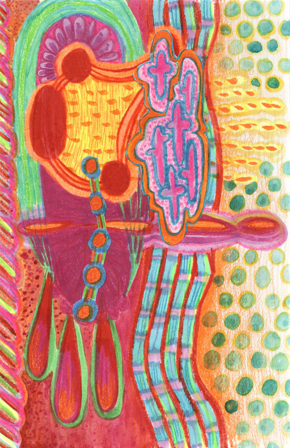 Bright, colorful abstract all over drawing in pinks, greens, and yellows.