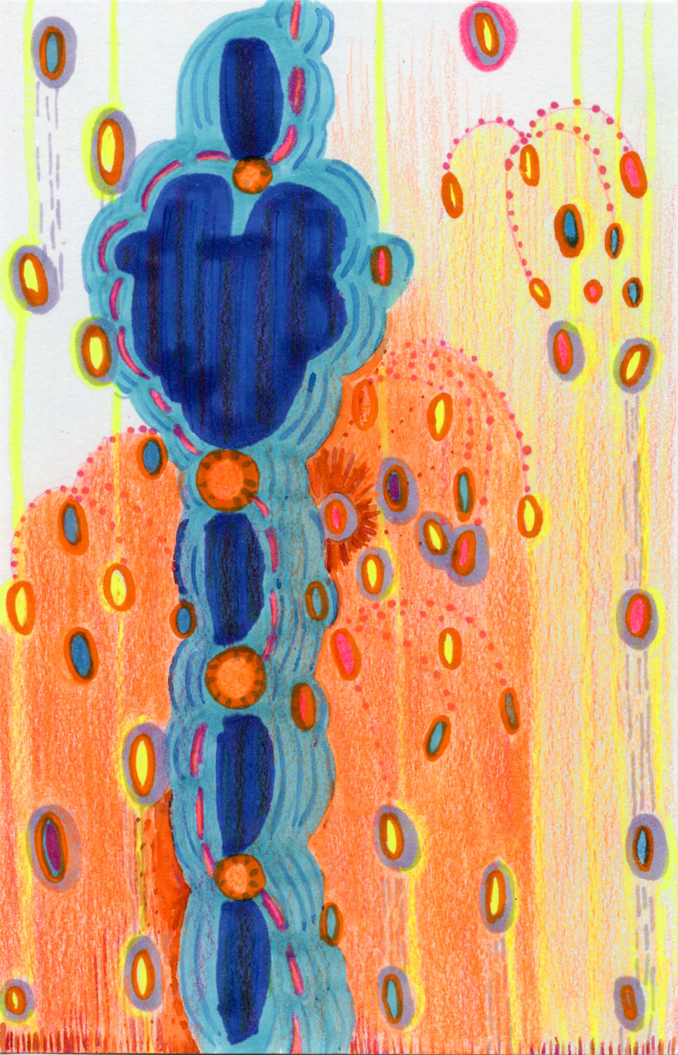 Bright, abstract drawing dominated by a blue vertical pathway with orange and yellow background.
