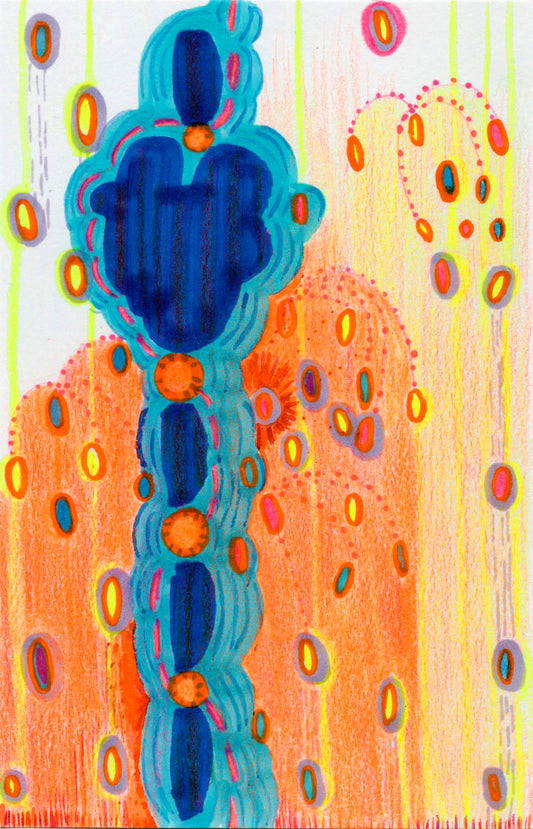 Bright, abstract drawing dominated by a blue vertical pathway with orange and yellow background.
