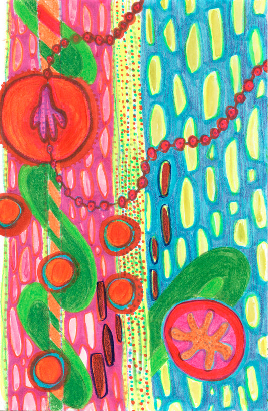 Bright, abstract drawing dominated by paths of bright orbs and pathways of orange, pink, and yellow.